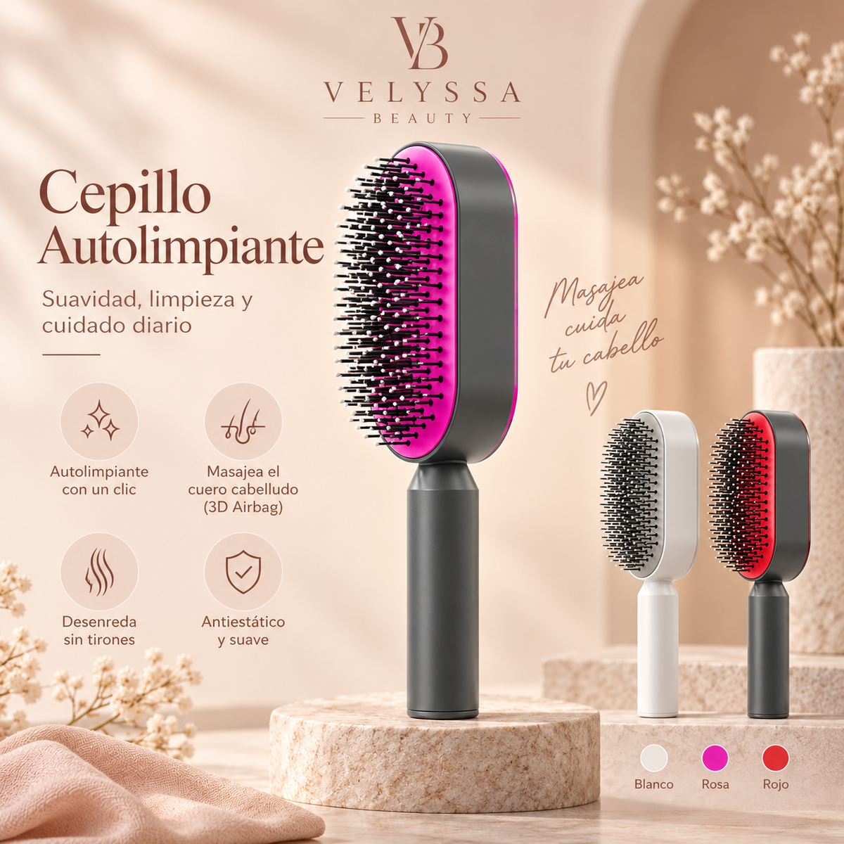 Velyssa CleanBrush™ – Cepillo Autolimpiable con Masaje Capilar