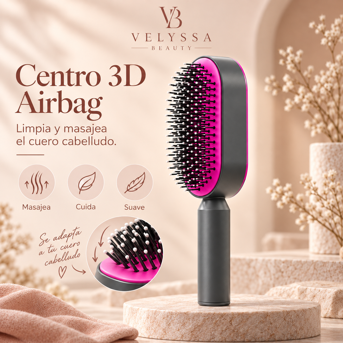 Velyssa CleanBrush™ – Cepillo Autolimpiable con Masaje Capilar