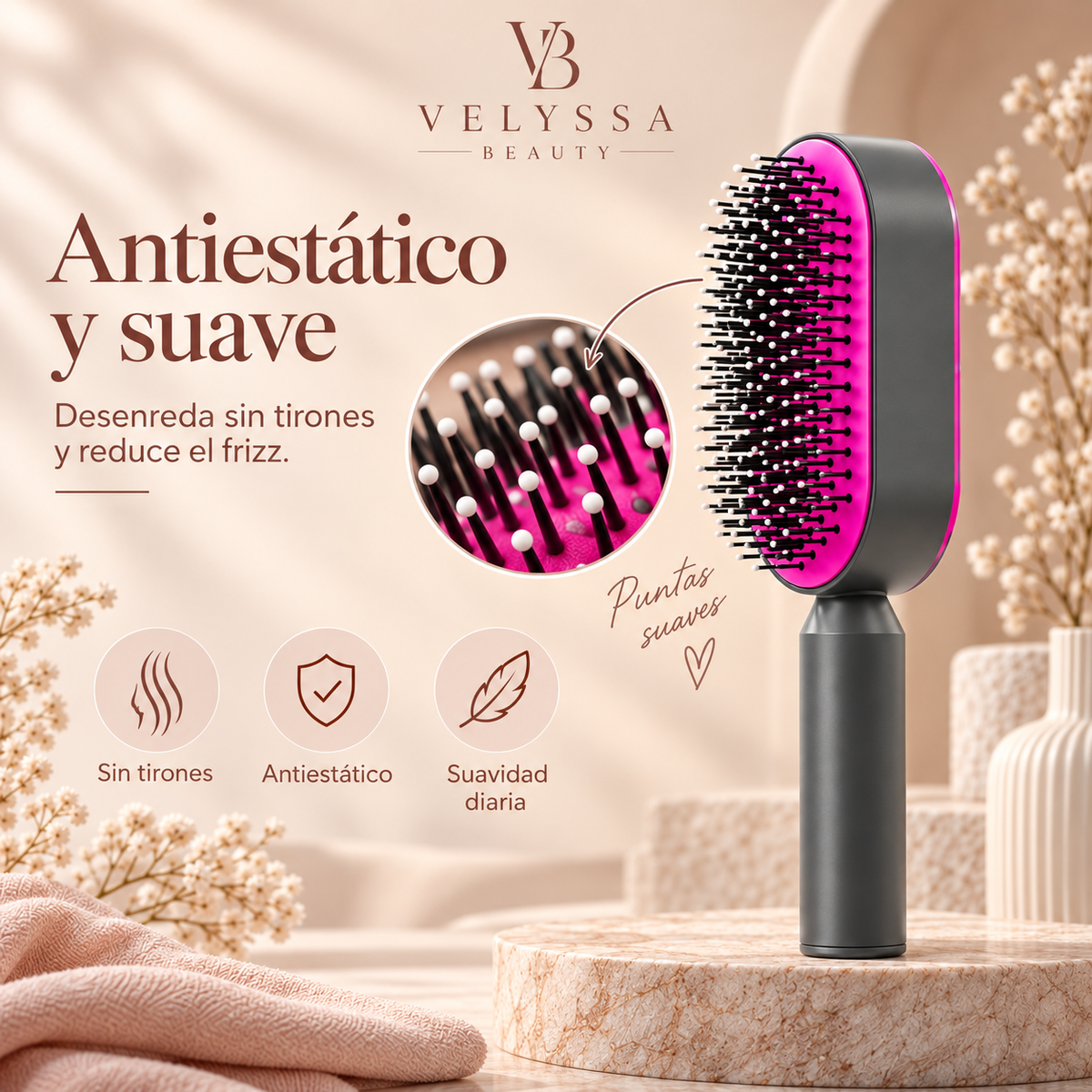 Velyssa CleanBrush™ – Cepillo Autolimpiable con Masaje Capilar