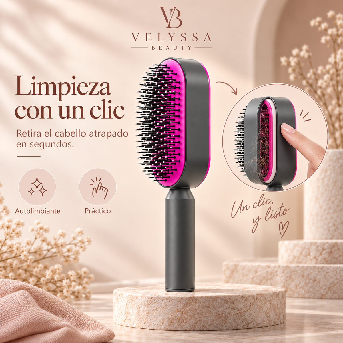 Velyssa CleanBrush™ – Cepillo Autolimpiable con Masaje Capilar